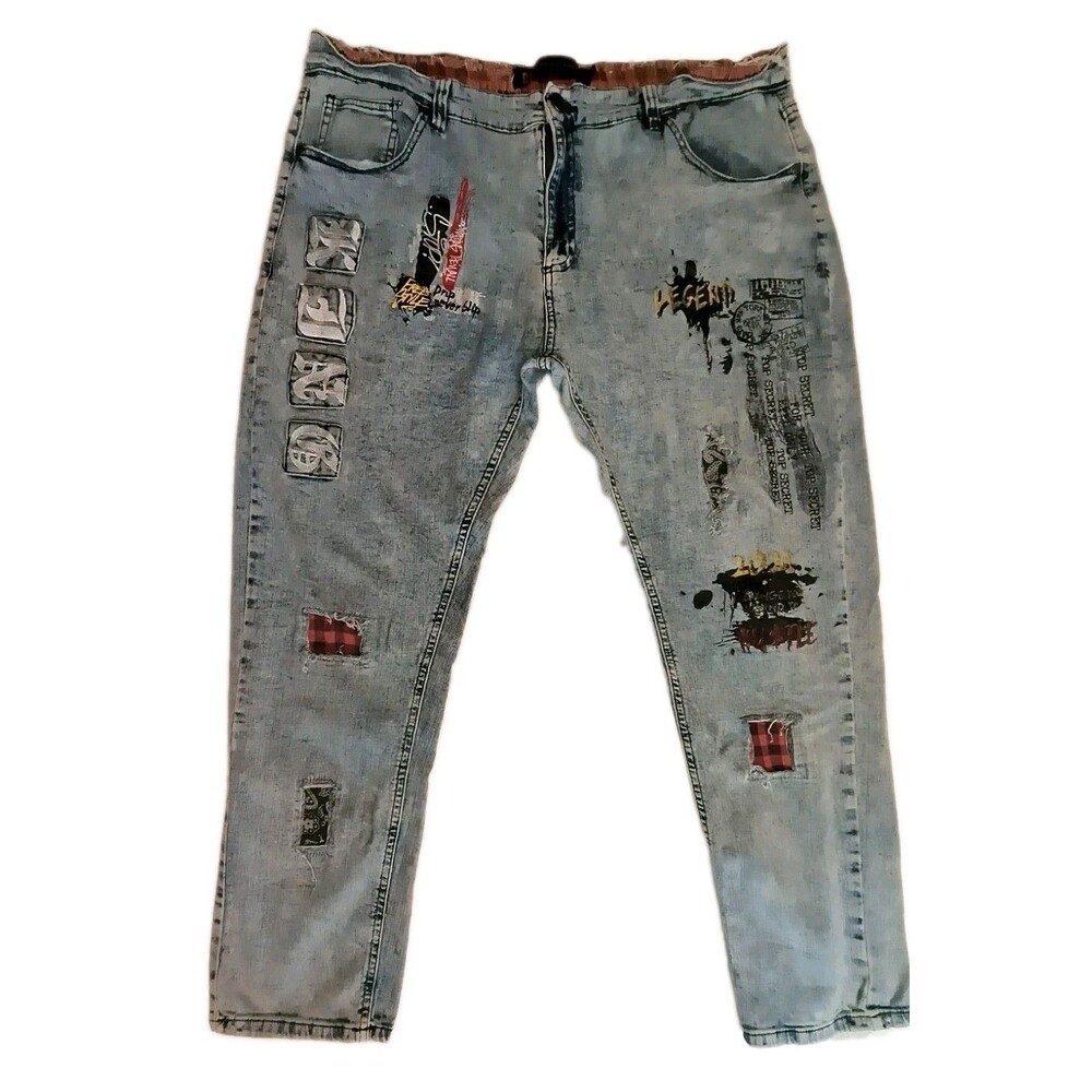 Sacred Crown Graphic Distress Jeans 40x29  Y2K  Hip Hop Acid Wash Denim Spandex